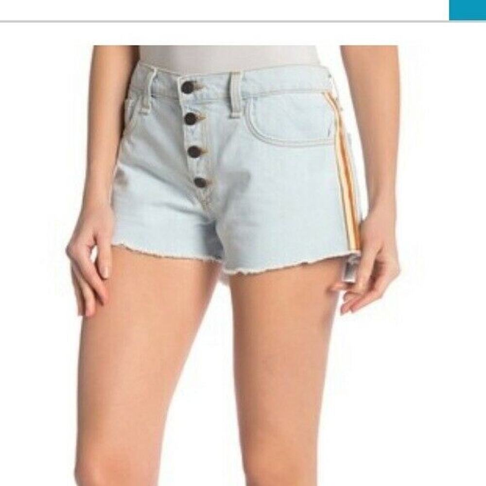 Veronica Beard Debbie Denim Shorts High Rise 31 Racer Striped Frayed Button-Fly